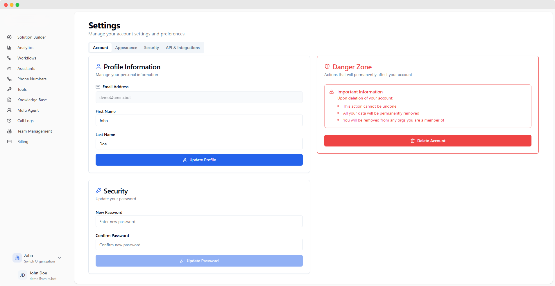 Account Settings Interface
