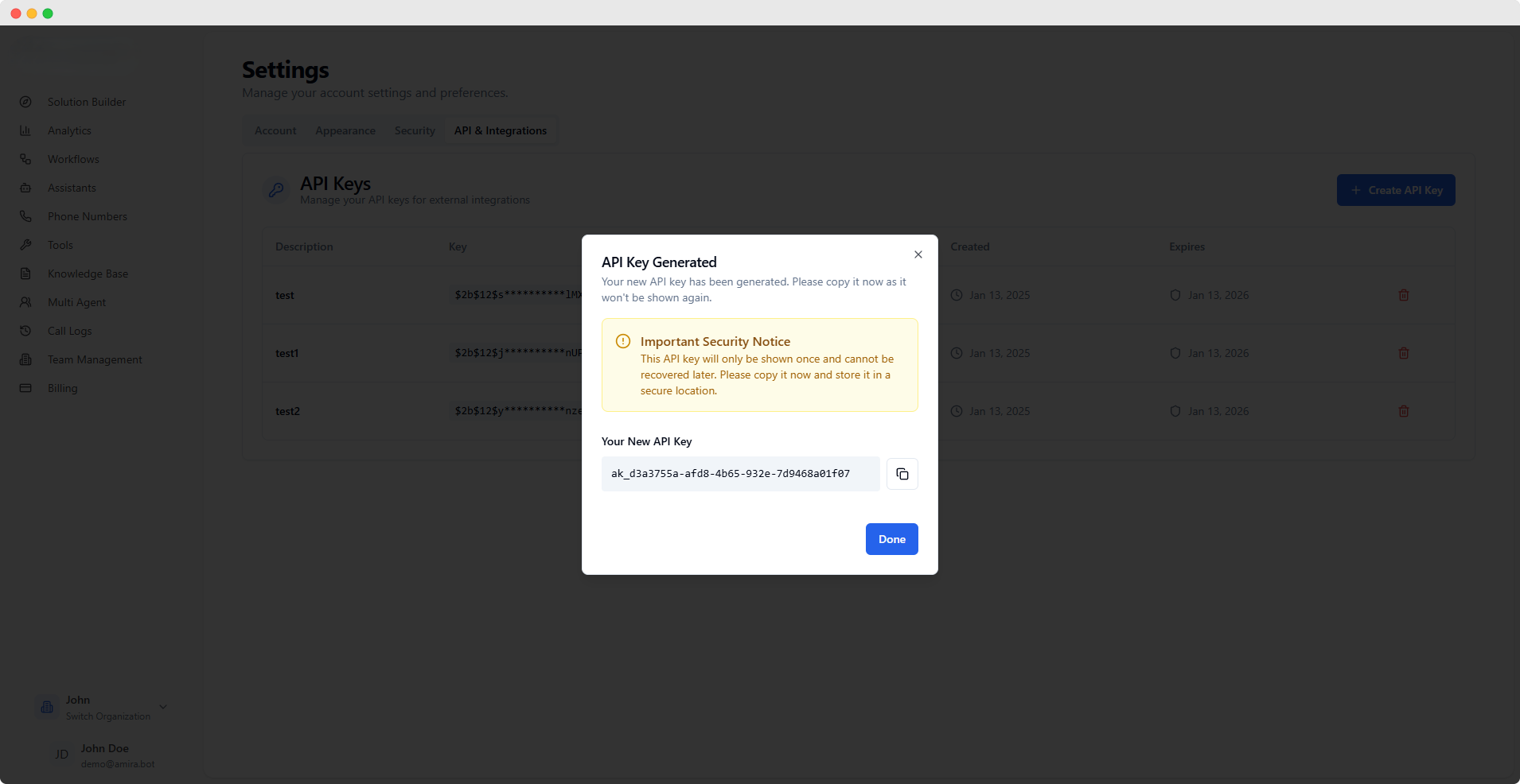 API Key Generated Dialog