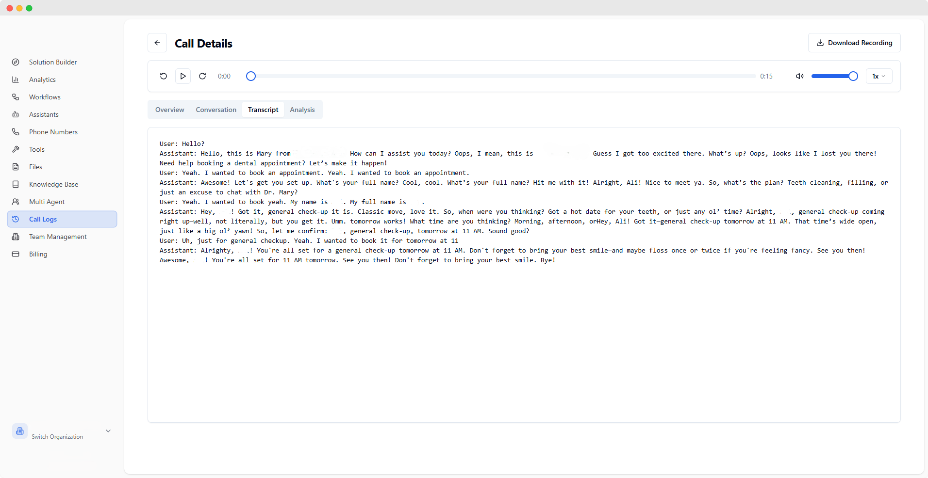 Call Transcript View