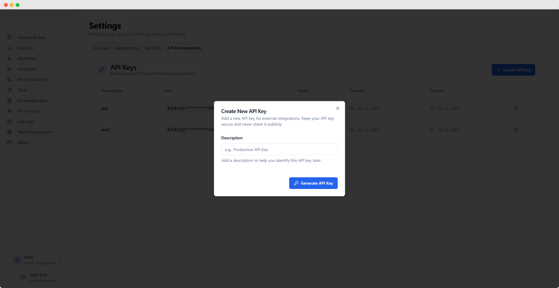 Create API Key Dialog