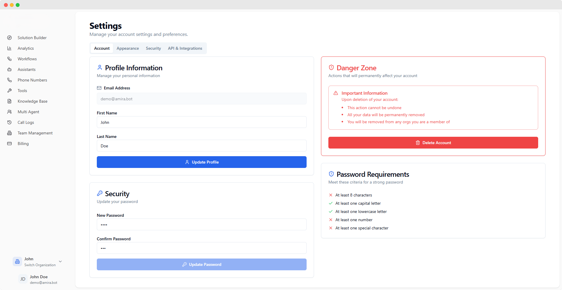 Password Requirements Interface